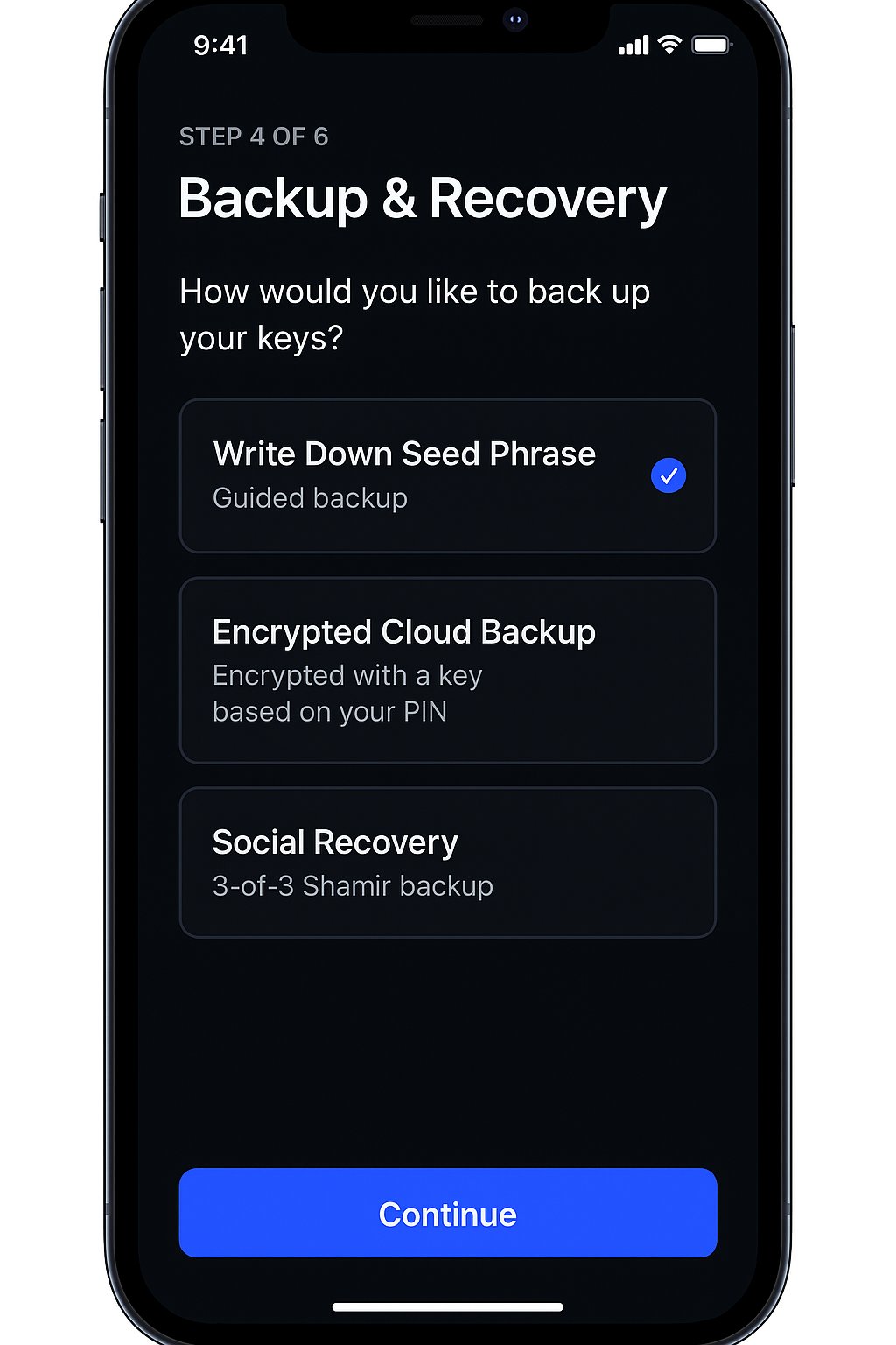Backup & Recovery step with seed phrase, cloud backup, and social recovery