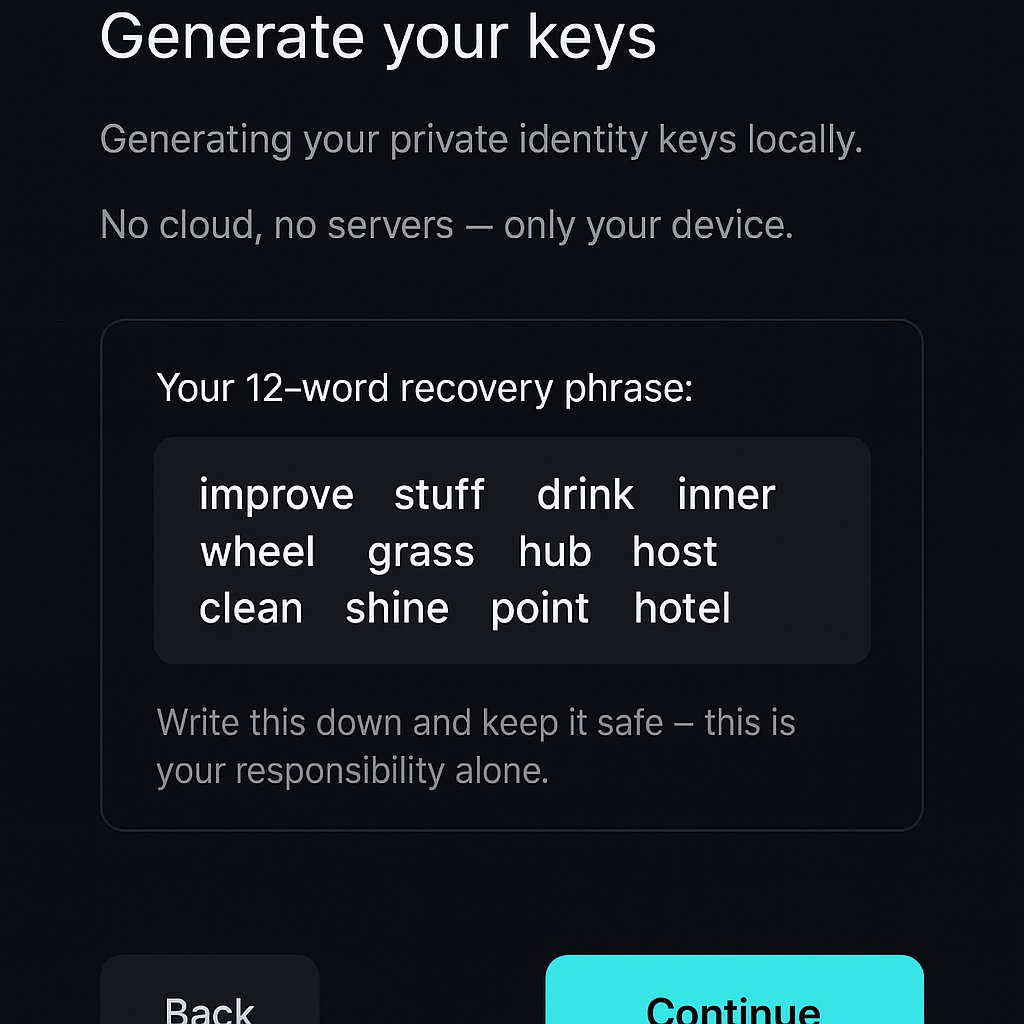 Generate your keys screen showing 12-word recovery phrase
