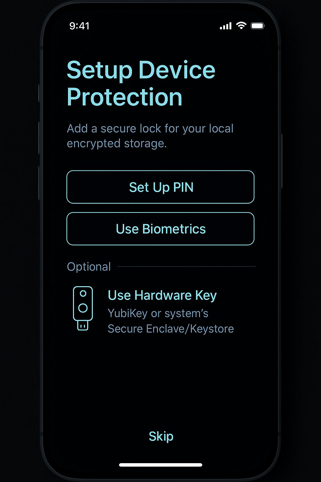 Setup device protection screen with PIN, biometrics, and hardware key options
